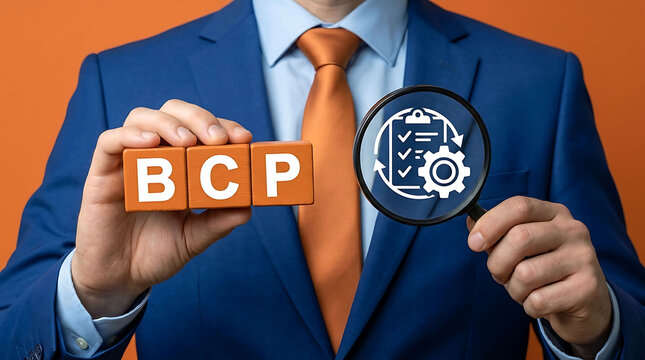 Businessman holding BCP blocks and magnifying glass for business continuity plan