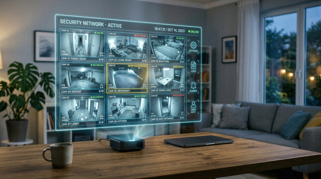 Smart home security system with holographic surveillance screen showing multiple camera feeds. AI monitoring technology for house protection. Modern safety and innovation concept.