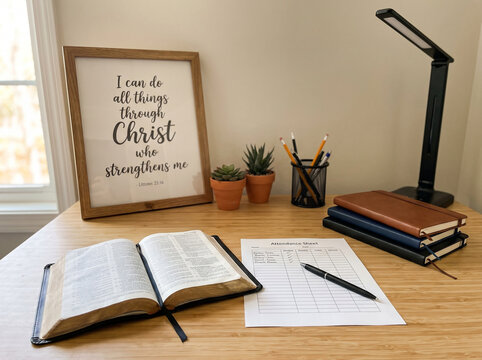 A serene desk setup for Bible study and personal reflection, featuring an open Bible, notebooks, and an inspirational framed quote.