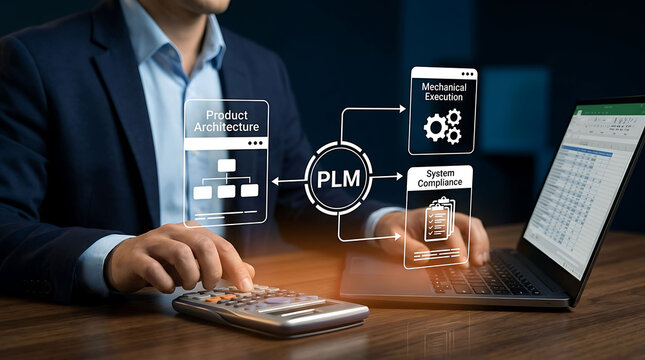 Businessman Managing Product Lifecycle Management PLM System On Virtual Screen