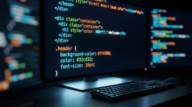 Computer monitors displaying lines of colorful website code in a dimly lit dark office space with professional environment during multiple computer screens development code