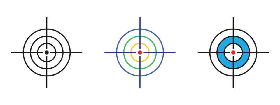 Target crosshair vector icon set showing minimal black outline colorful and filled ring styles for goal setting focus marketing and aiming accuracy concept