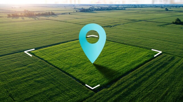 Aerial view of a green agricultural field marked by a large blue location pin symbolizing geotagging or GPS tracking in farming.