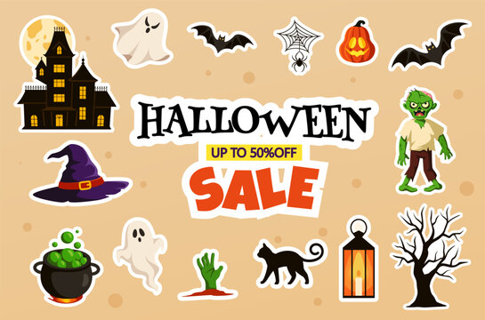 Vector illustration of Halloween sale sticker set with haunted house, ghosts, bats, pumpkin, witch hat, zombie, black cat and spooky decorations
