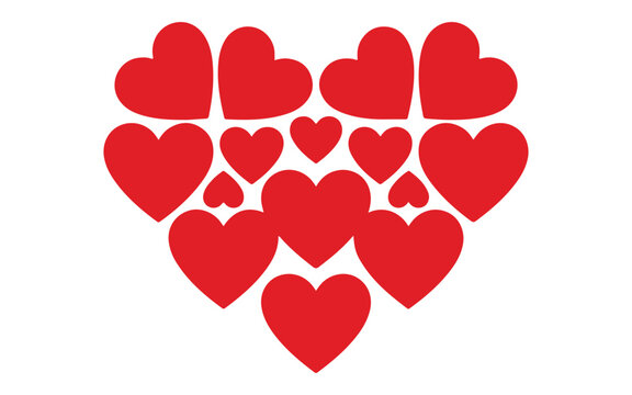 Many red hearts arranged in a large heart shape pattern isolated on a white background