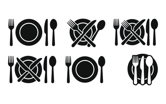 Set of black silhouette cutlery and plate icons for restaurant menu design isolated on a white background