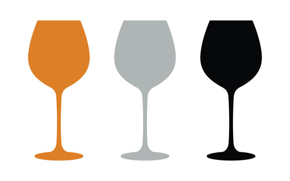 Three wine glass silhouettes in orange grey and black colors isolated on a plain white background for simple modern design