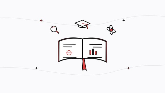 Education learning book icon with science and graduation research symbols