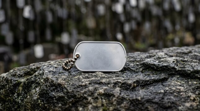 Blank military dog tag resting on a wet memorial stone outdoors