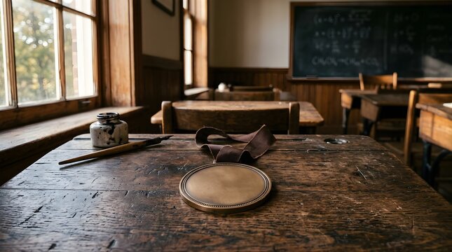Bronze medal placed on an antique wooden desk in a vintage classroom