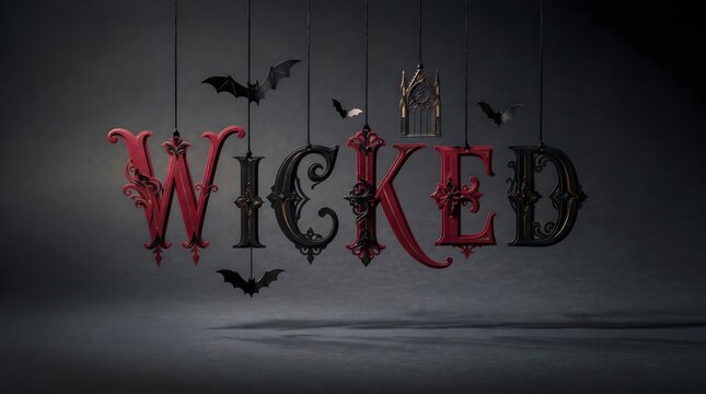 Elegant Halloween background featuring the word Wicked in ornate red and black gothic hanging letters, decorated with dangling black bats and a gothic window frame under dramatic studio lighting on...
