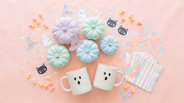 High-angle flat lay of trendy pastel Halloween party decorations. Features cute ceramic ghost mugs, painted mini pumpkins with gold stars, striped napkins, candy corn, and whimsical stickers on a s...