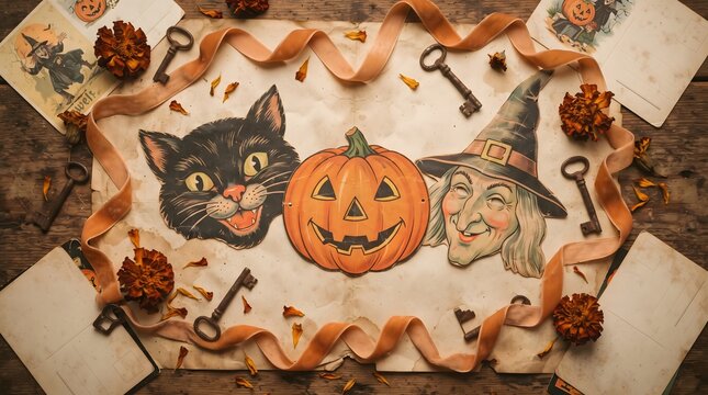Vintage Halloween flat lay composition featuring retro paper masks of a black cat, jack-o'-lantern, and witch. Surrounded by antique keys, orange velvet ribbon, dried marigolds, and aged postcards...