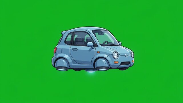 Blue cartoon hover car flying on green screen background for futuristic animation design