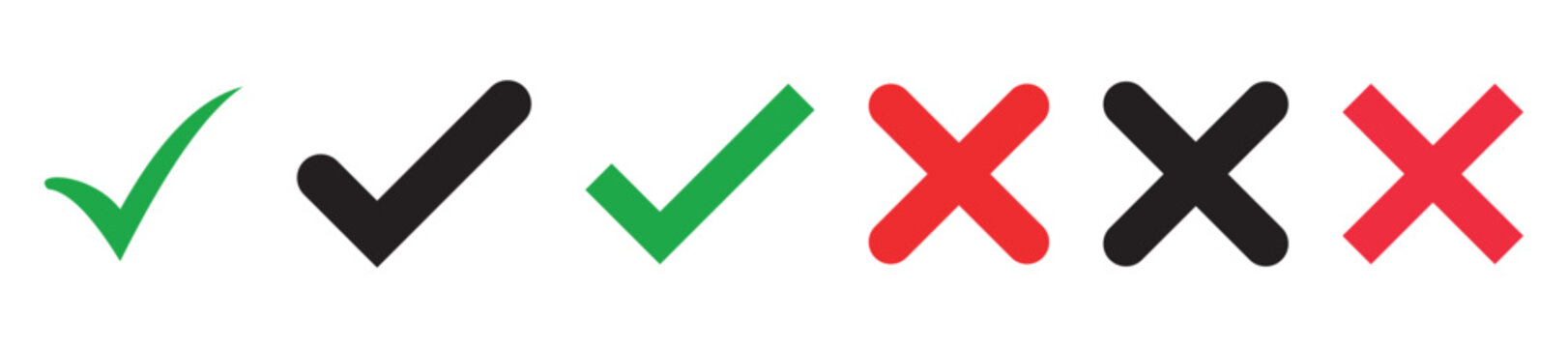 Sharp green checkmark and red cross on isolated white background vector symbol for right and wrong choices. Modern flat design, Checkmark icon set. Checkmark right symbol tick sign