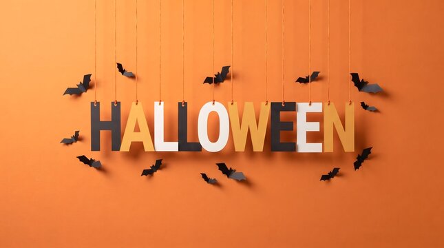 Minimalist Halloween greeting card design featuring the word Halloween in hanging paper-cut letters. Decorated with black paper bats flying on a solid orange background with subtle drop shadows for...