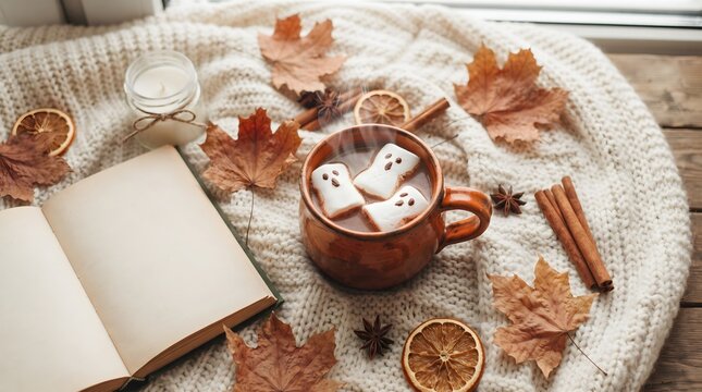 A cozy autumn and Halloween mood flat lay featuring a warm mug of hot chocolate with cute ghost marshmallows, an open blank book, dried orange slices, cinnamon sticks, and fall maple leaves on a wh...