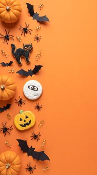 Festive Halloween flat lay background featuring orange pumpkins, creepy toy spiders, black paper bats, gold serpentine ribbons, and decorated gingerbread cookies including a mummy, black cat, and j...