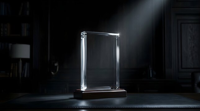 Empty Glass Award Plaque on a Desk in a Dark Office with Spotlight