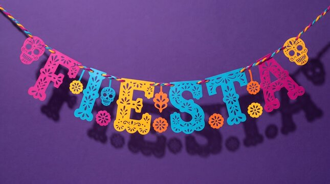 A vibrant Mexican papel picado garland spelling the word Fiesta hangs against a purple background, featuring colorful paper cutouts of skulls and flowers casting soft shadows. Perfect for Cinco de...