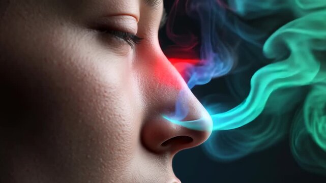 Nose Breathing with Colorful Smoke, Sinus Inflammation, Allergic Rhinitis Concept