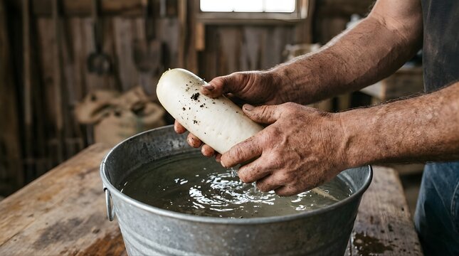 Farmer washing a fresh organic daikon radish in a metal bucket on farm
