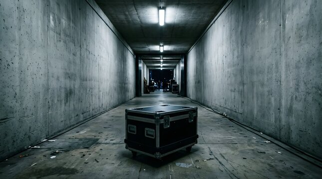 Empty heavy duty flight case sitting in a dark concrete industrial hallway