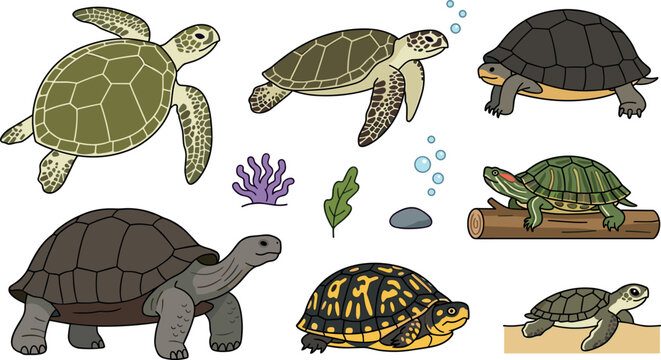 Turtles and Tortoises Vector Illustration Set Featuring Sea Turtle Galapagos Tortoise Box Turtle Redeared Slider Coral Seaweed and Bubbles