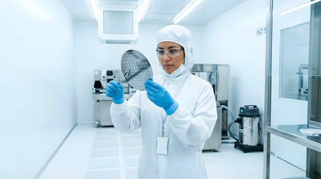 Female engineer inspecting silicon wafer in a cleanroom laboratory