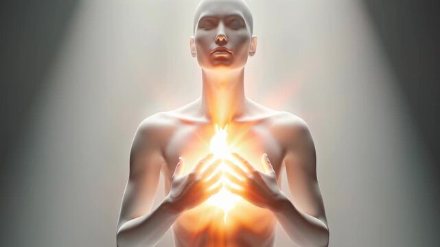 Human Figure Radiating Inner Light and Energy from Chest for Spiritual Wellness