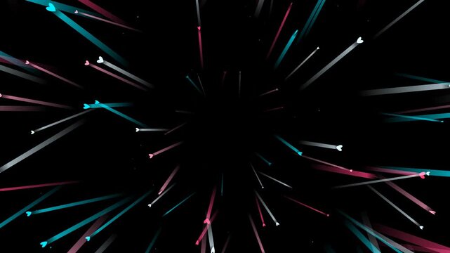 Abstract dark background with glowing pink and cyan heart comets flying in a seamless warp speed loop. Perfect for Valentine's Day and romantic motion graphic video designs.