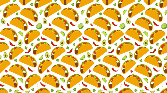 Seamless mexican food pattern with tacos and chili on white background