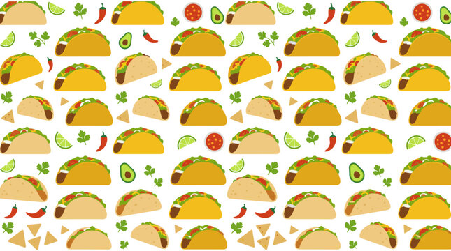Seamless pattern of mexican tacos and food ingredients on white
