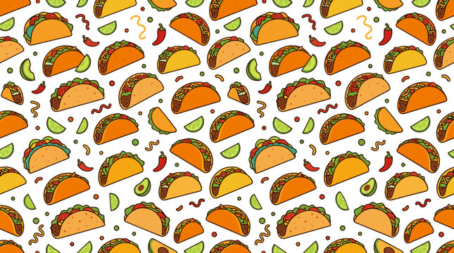 Seamless pattern with hand drawn tacos and mexican ingredients