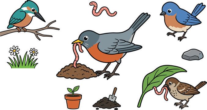 Garden Birds Vector Illustration Set Featuring American Robin Sparrow Bluebird and Kingfisher Eating Worms with Flowers Soil and Plant Elements
