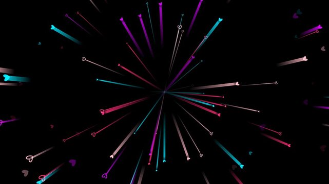 Abstract dark background with glowing neon pink and cyan hearts flying outward in a starburst. This seamless motion graphic loop is perfect for Valentine's Day videos.