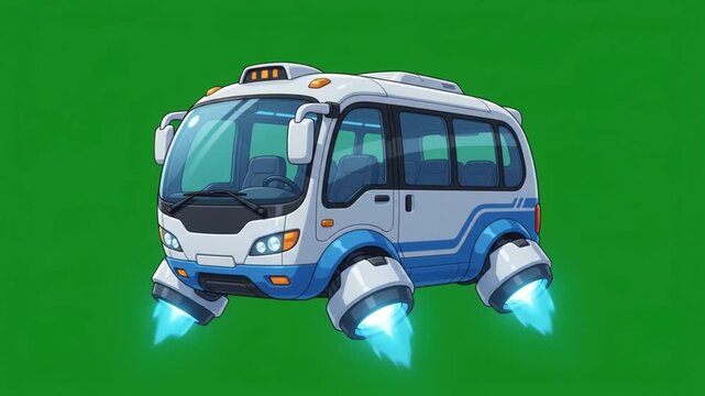 Futuristic flying shuttle bus with jet engines isolated on a green screen background.