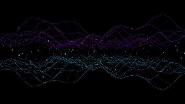 Abstract dark cyberspace background with glowing purple and cyan wireframe waves and floating data code. This seamless 3D motion graphic loop is perfect for tech video designs.