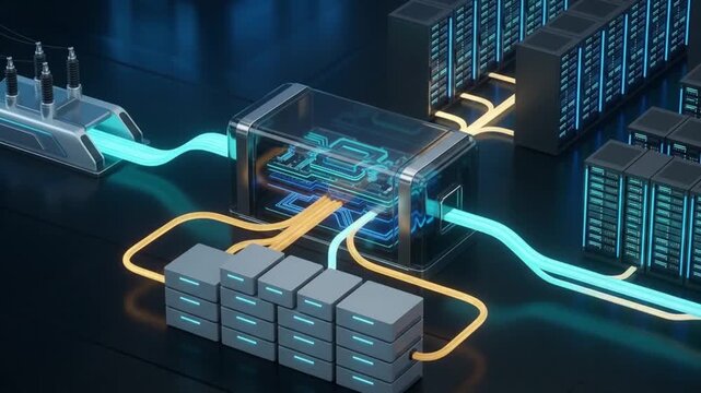 Premium battery backup animation showing normal grid power, UPS charging, transfer to battery support, and stable electricity delivery to compute systems.