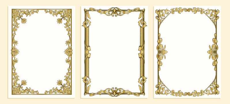 Vector illustration of three elegant golden vintage frames with ornate floral borders and decorative corners on light backgrounds