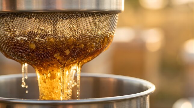 Fresh raw honey dripping through a metal sieve into a bowl at sunset