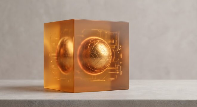 3D frosted amber resin security cube with brass core on stone gray background