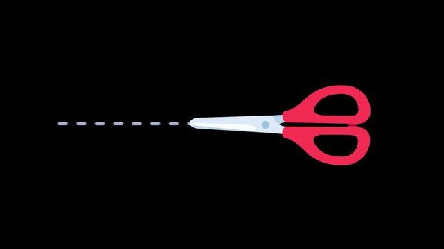 Illustrative graphic of red scissors cutting a clear dashed line on black, instruction concept.