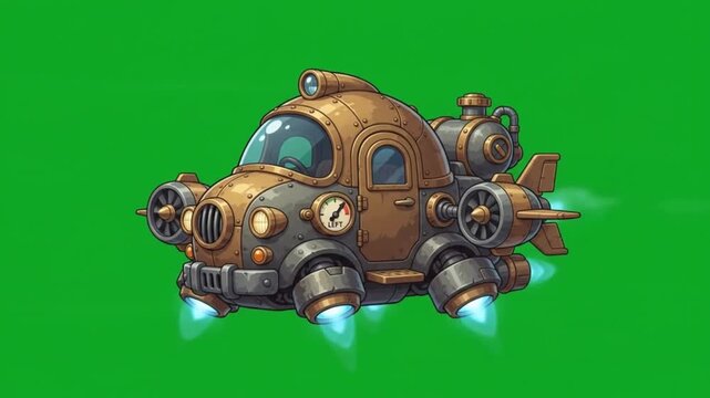 Steampunk flying car vehicle with jet engines isolated on green screen background