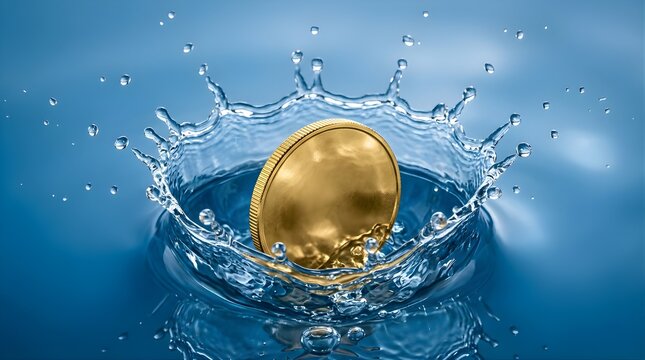 Golden coin splashing into clear blue water creating a liquid crown