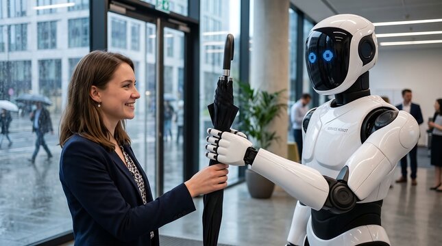 A woman in a suit hands an umbrella to a humanoid robot in a modern office building lobby.
