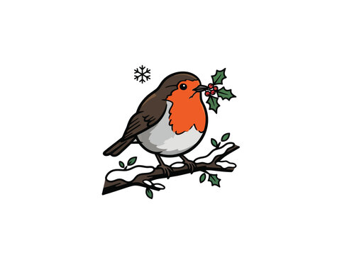 Winter robin bird on snowy branch with holly sprig