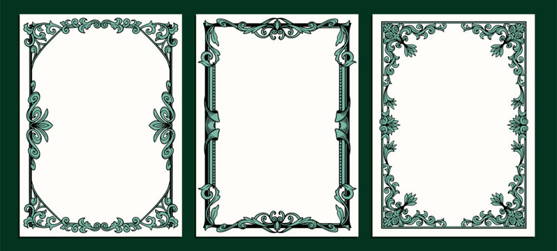 Vector illustration of three dark green vintage ornamental frames with decorative borders and blank centers for invitations, certificates and elegant designs