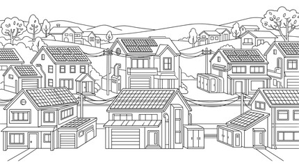 Obraz premium Suburban neighborhood with solar panels on roofs line art illustration