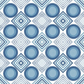 Blue Geometric Seamless Pattern with Circles and Diamond Shapes